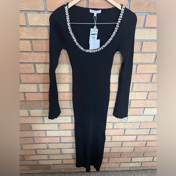 NWT WAYF Cinthia Jewel Neck Long Sleeve Rib Midi Dress Black Size Medium - Picture 3 of 8